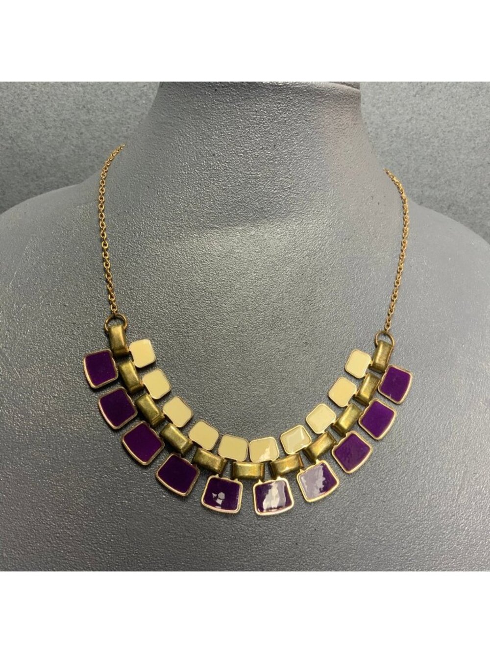 Retro Bib Statement Necklace 20 In Purple Cream Gold Chain Elegant Modern Chic